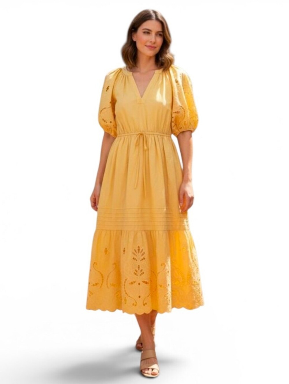 MOON RIVER Lemon Eyelet Boho Detail Maxi Dress - Medium
